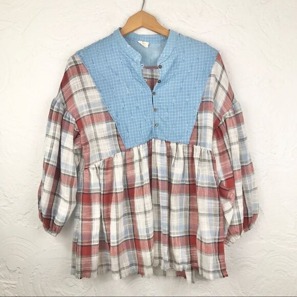 Hyku Anthropologie Blue/Plaid Contrast Blouse - Picture 1 of 11